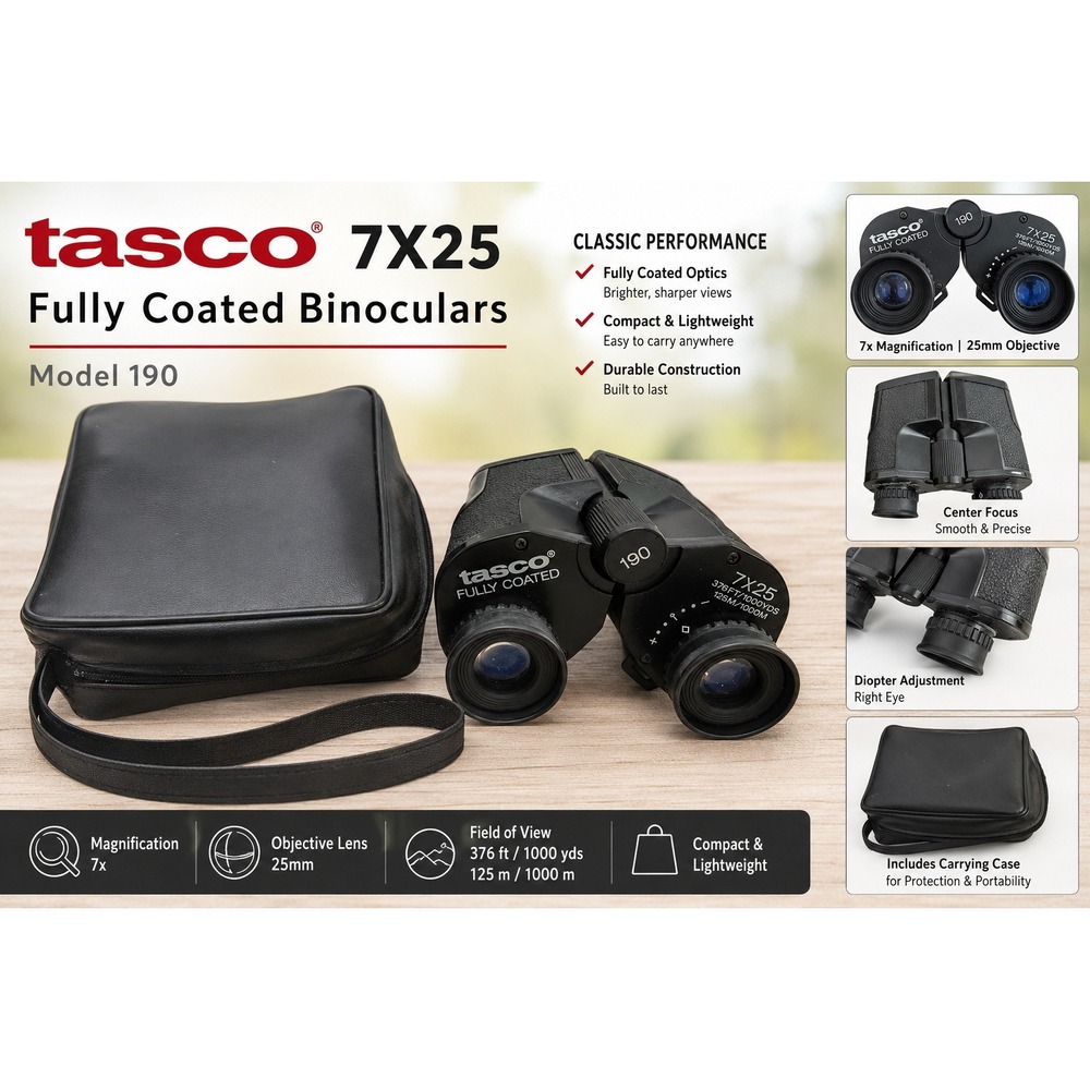 Tasco 7x25 Fully Coated Binoculars Model 190 Black with Carrying Case Compact